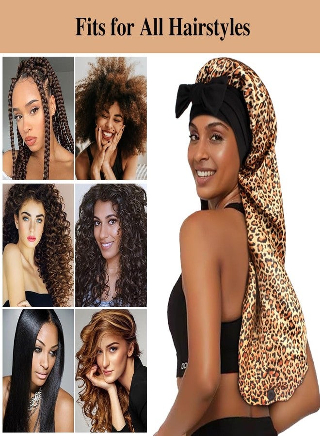 Heniho 1+3 Long Satin Bonnets with Scrunchies for Women Sleeping, Double Layer Large Braid Bonnet with Tie Band, G - Image 4