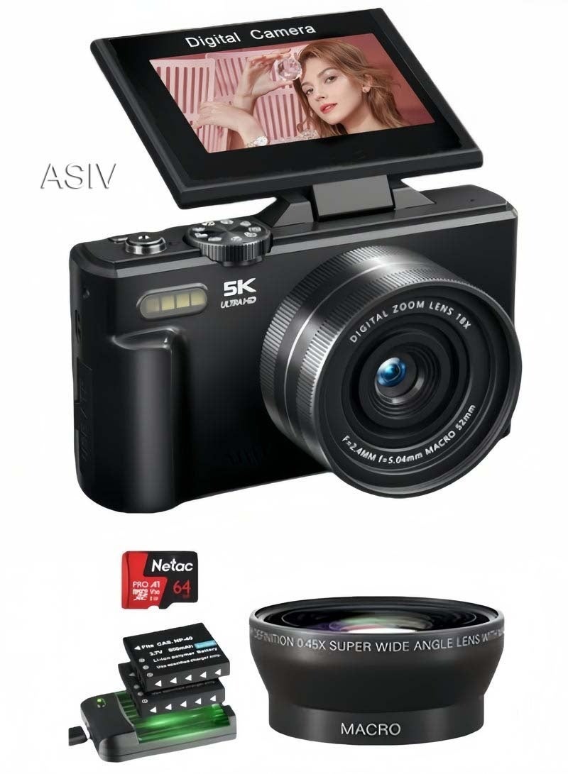 ASIV 5K Digital Camera, 75MP Camera Digital for Photography, Point and Shoot Camara Vlogging Camera with 64GB SD Card, 18X Digital Cameras with 3" 180° Flip Screen, Wide Angle & Macro Lens, Anti-Shake Compact Travel Camera for Beginner Gift - Image 1
