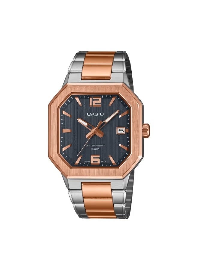 CASIO Analog Men's Watch MTP-B195RG-2AVDF, 46.5 mm Textured Black Dial, Rose Gold-Tone Stainless Steel Case & Bracelet, 50m WR