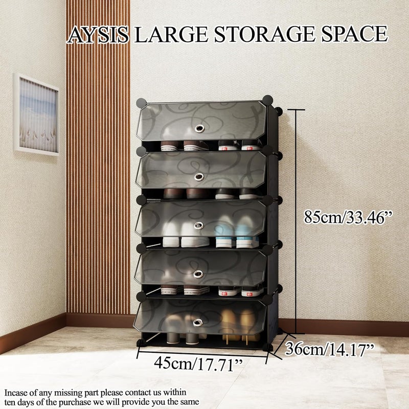AYSIS 5 Shelf DIY Shoe Rack Plastic ^ Multi-Purpose Plastic Shoe Rack for Home Plastic Shelves, Plastic Home Shoe Rack with Door for Entryway, Bedroom Living Room, Chappal Slipper Shoe Stand (Black) - Image 2