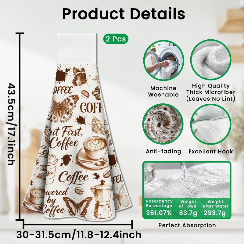 Microfiber Hand Towels 17.1" L X 12.4" W Super Absorbent - Quick Dry Hanging Loop Towels for Home Kitchen Bathroom RV Coffee Lovers - Image 3