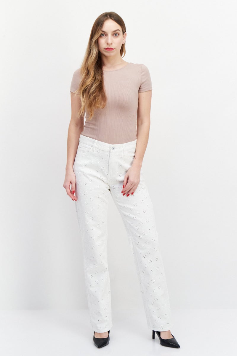 GUESS Women Regular Fit High Waist Embroidered Stretchable Denim, White  - Image 4