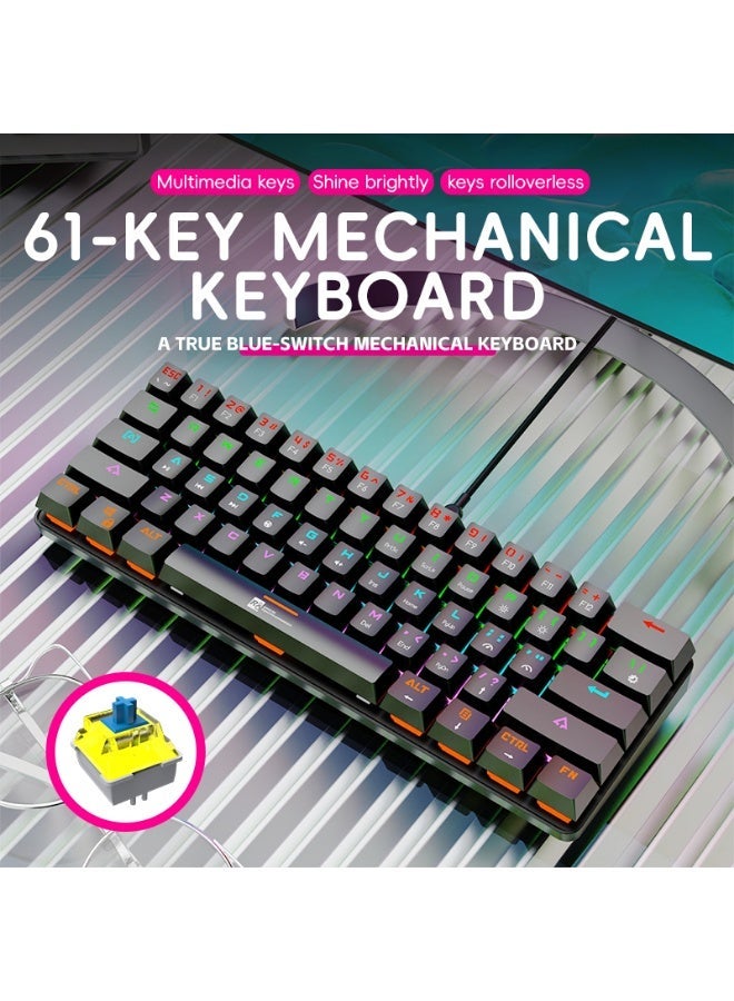 R8 1037 Gaming Mechanical Keyboard 60% Compact – Rainbow LED Backlit – 61 Keys Arabic / English Key – BLUE Switches –Double injection key caps Illumination – USB Wired | Black - Image 2