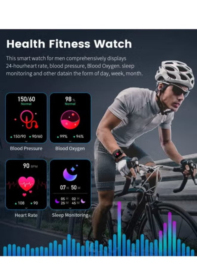 AROAQ - Smart Watch for Men(Answer/Dial Calls),1.96'' HD touch screen,100+ Sports Modes,400 mAh Smartwatch with Heart Rate/SpO2/Blood Pressure 5ATM Waterproof Fitness Watch for Android and iOS-Black - Image 1