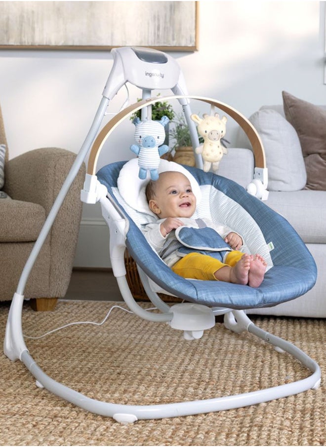 ingenuity - Simple Comfort Compact Soothing Swing With Usb Cord, Safety Harness, 2 Featuring Toys And Sounds, 0 - 9 Months, Chambray - Image 1