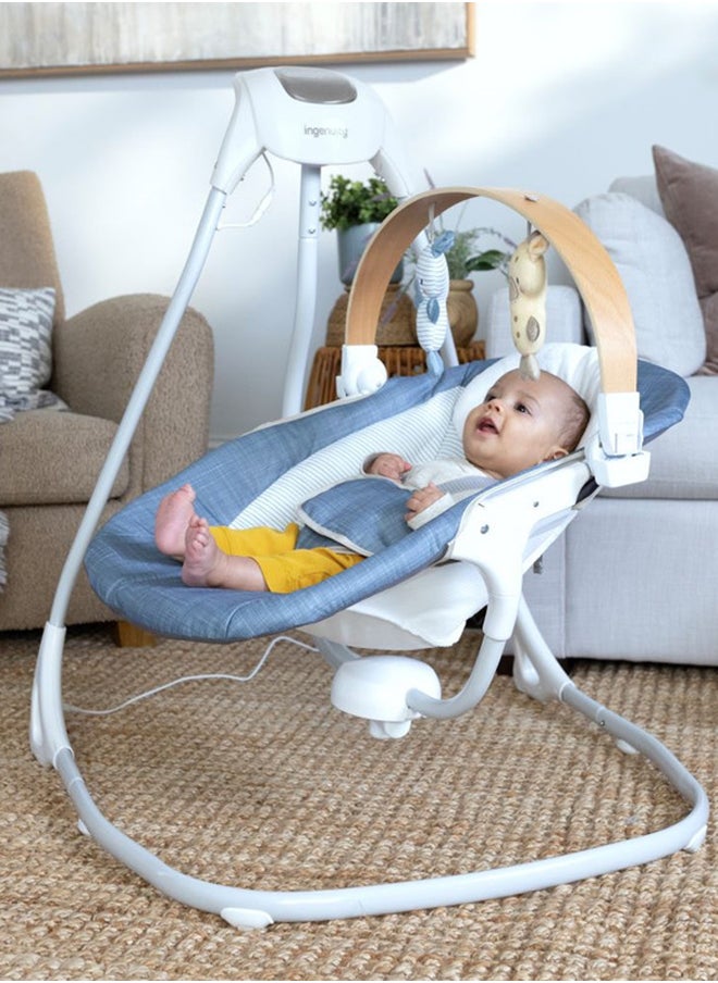 ingenuity - Simple Comfort Compact Soothing Swing With Usb Cord, Safety Harness, 2 Featuring Toys And Sounds, 0 - 9 Months, Chambray - Image 1