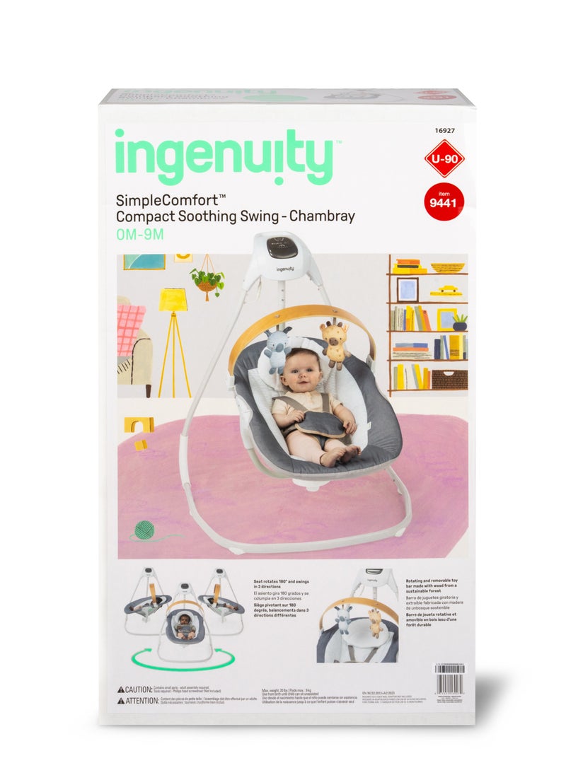 ingenuity - Simple Comfort Compact Soothing Swing With Usb Cord, Safety Harness, 2 Featuring Toys And Sounds, 0 - 9 Months, Chambray - Image 1