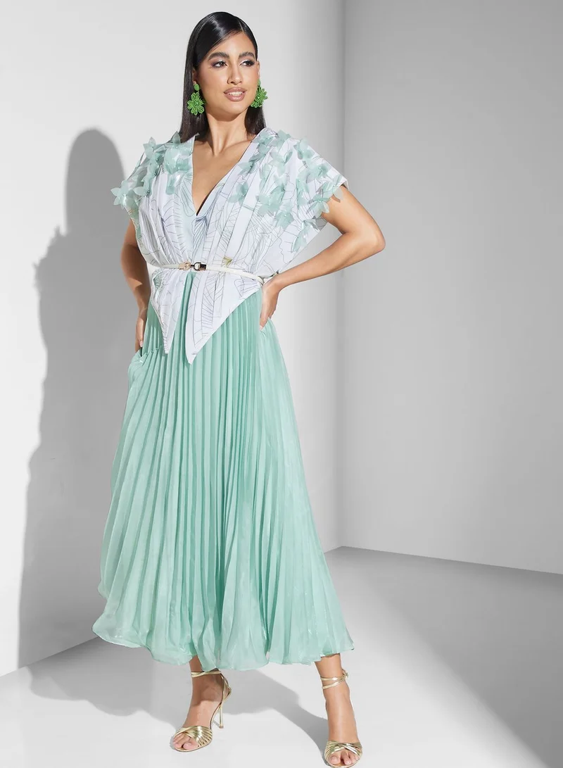 Threadz by Ajooni Plisse Belted Embellished Dress