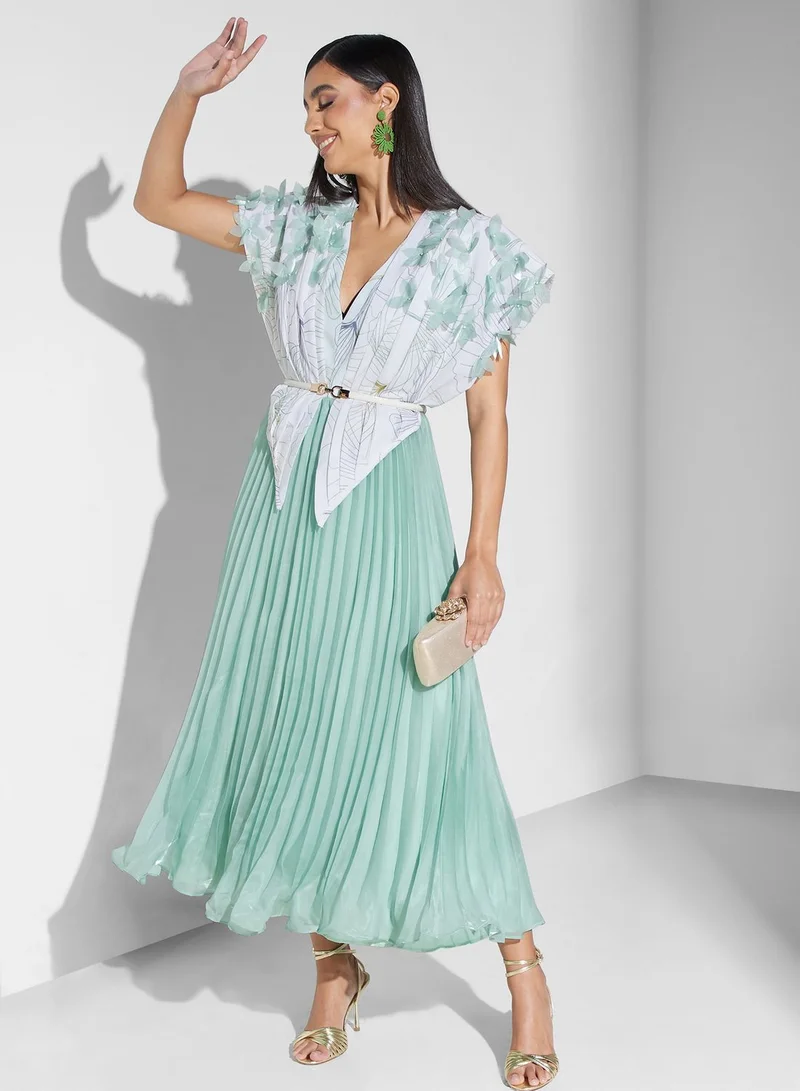 Threadz by Ajooni Plisse Belted Embellished Dress