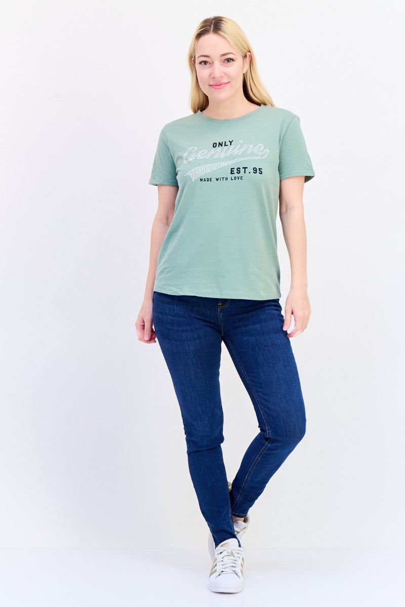 ONLY تي شيرت نسائي بقصة عادية بأكمام قصيرة، لون أخضر مريمي - Image 4