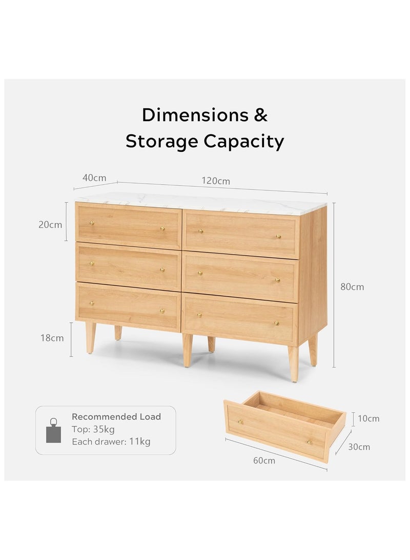 Chogori 120CM Wide 6 Drawer Dresser, Mid Century Modern Chest of Drawer with Faux Marble Top, Wood Drawer Organizer for Bedroom, TV Stand of Drawers for Living Room, Hallway, Natural Oak - Image 2