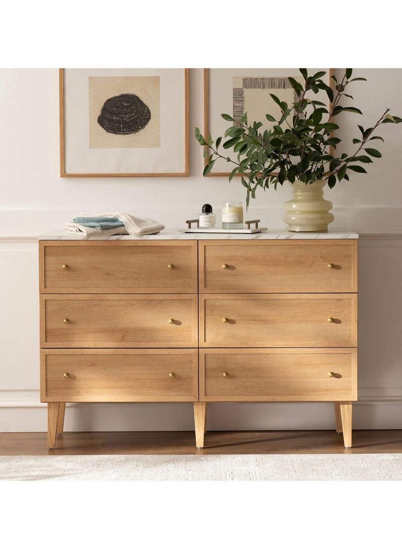 Chogori 120CM Wide 6 Drawer Dresser, Mid Century Modern Chest of Drawer with Faux Marble Top, Wood Drawer Organizer for Bedroom, TV Stand of Drawers for Living Room, Hallway, Natural Oak - Image 1