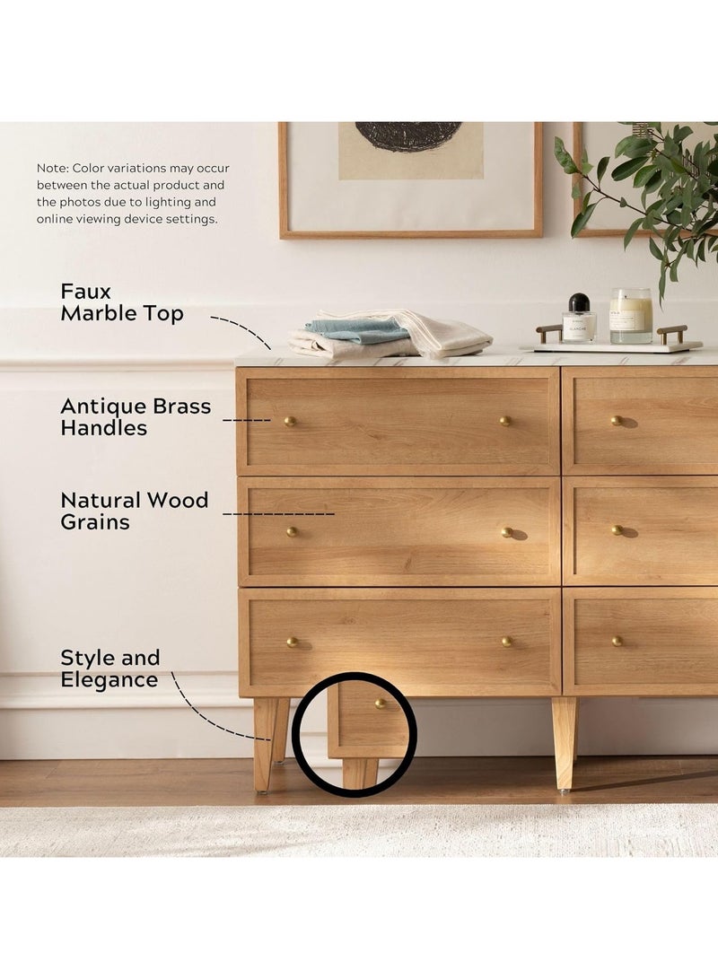 Chogori 120CM Wide 6 Drawer Dresser, Mid Century Modern Chest of Drawer with Faux Marble Top, Wood Drawer Organizer for Bedroom, TV Stand of Drawers for Living Room, Hallway, Natural Oak - Image 3