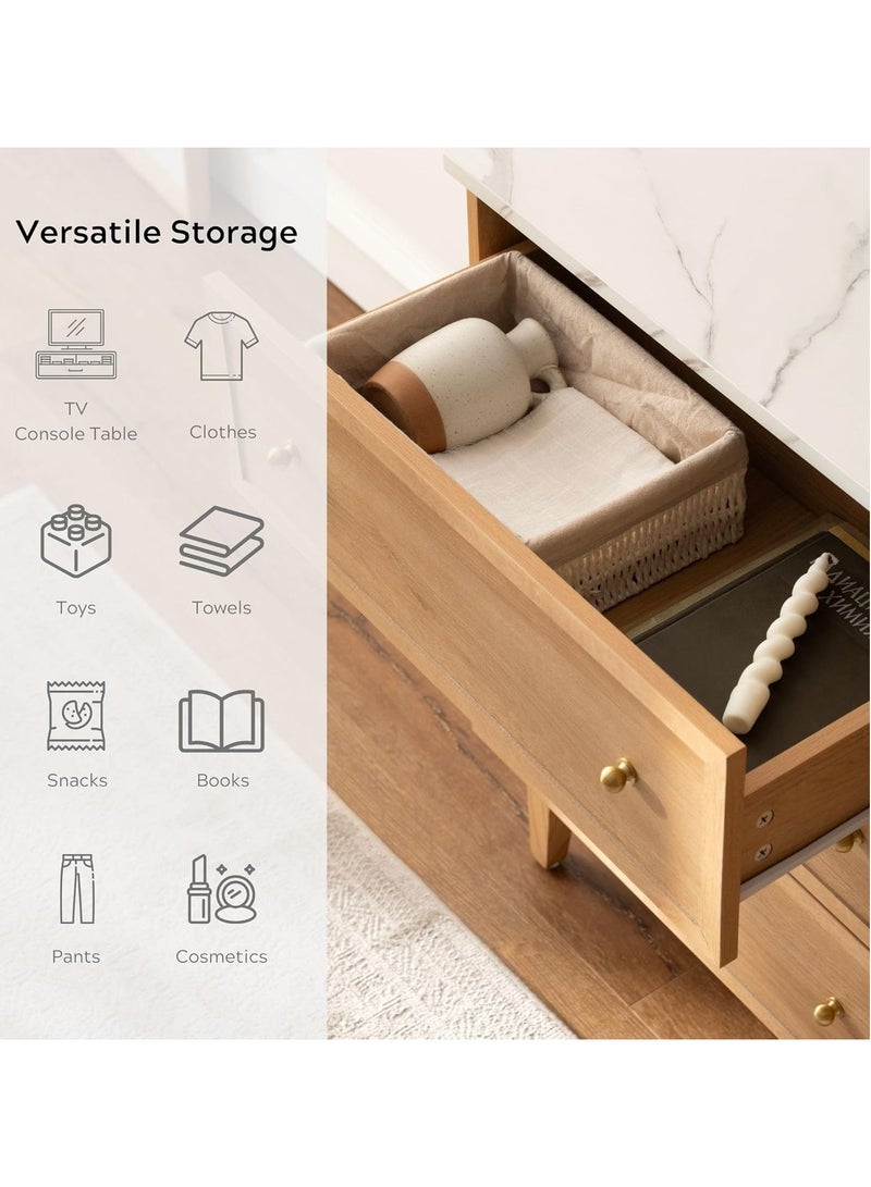 Chogori 120CM Wide 6 Drawer Dresser, Mid Century Modern Chest of Drawer with Faux Marble Top, Wood Drawer Organizer for Bedroom, TV Stand of Drawers for Living Room, Hallway, Natural Oak - Image 4