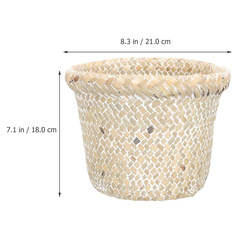 سلة نفايات مصنوعة من الخيزران من زيروديكو (Zerodeko Woven Waste Basket), بتصميم ريفي عتيق، قطر 21 سم وارتفاع 18 سم، لون أبيض، مناسبة للاستخدام في المطبخ أو الحمام المنزلي. - Image 2