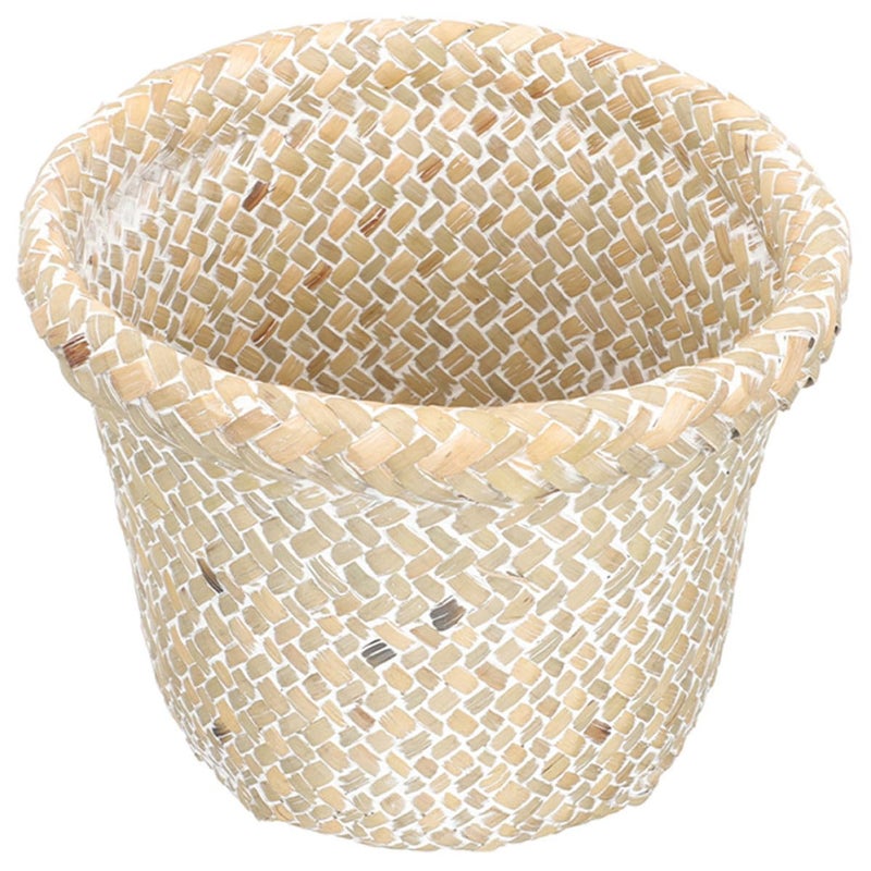 سلة نفايات مصنوعة من الخيزران من زيروديكو (Zerodeko Woven Waste Basket), بتصميم ريفي عتيق، قطر 21 سم وارتفاع 18 سم، لون أبيض، مناسبة للاستخدام في المطبخ أو الحمام المنزلي. - Image 1