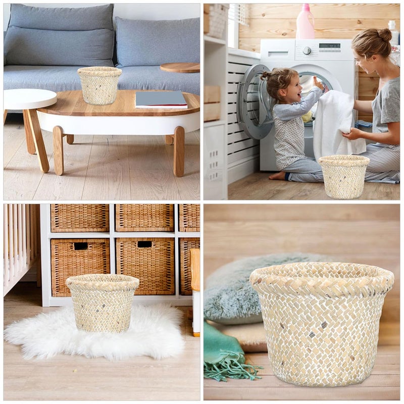 سلة نفايات مصنوعة من الخيزران من زيروديكو (Zerodeko Woven Waste Basket), بتصميم ريفي عتيق، قطر 21 سم وارتفاع 18 سم، لون أبيض، مناسبة للاستخدام في المطبخ أو الحمام المنزلي. - Image 3