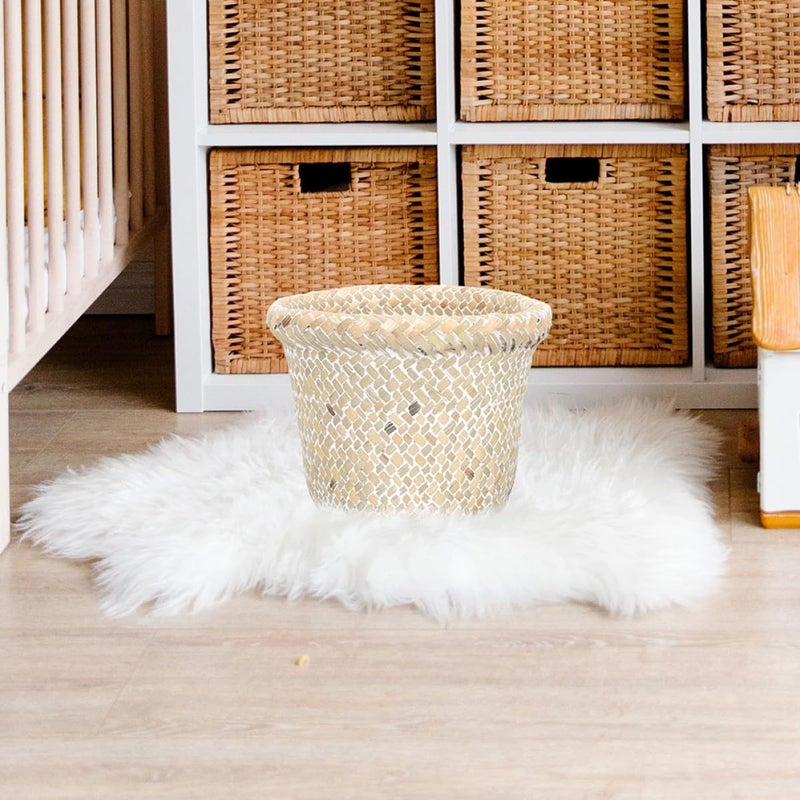 سلة نفايات مصنوعة من الخيزران من زيروديكو (Zerodeko Woven Waste Basket), بتصميم ريفي عتيق، قطر 21 سم وارتفاع 18 سم، لون أبيض، مناسبة للاستخدام في المطبخ أو الحمام المنزلي. - Image 5