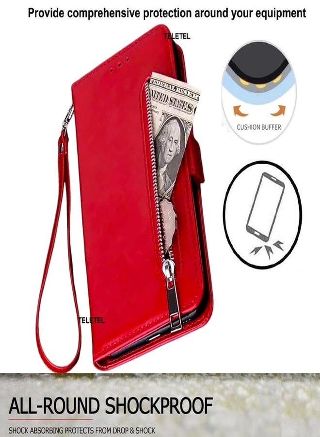 TELETEL Zipper Series Flip Mobile Cover Pu Leather | Card & Cash Pockets | Magnetic Loop | Front Zip Lock Wallet Case (Red) for Redmi Note 8 - Image 4