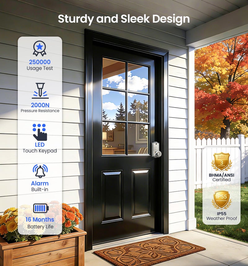 Veise VE018 Smart Knob Handle Lock - Fingerprint, App Control, Keyless Entry for Front Door and Bedroom, Electronic Digital Keypad, Auto Lock, Remote Access Sharing, IP55 Weatherproof, Satin Nickel - Image 5