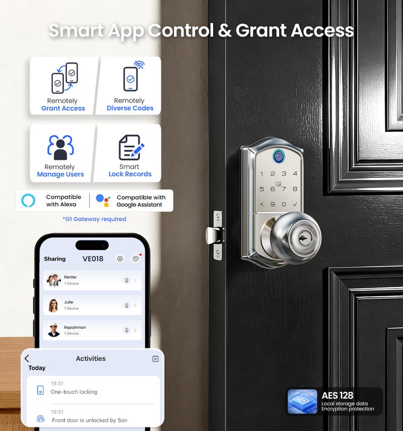 Veise VE018 Smart Knob Handle Lock - Fingerprint, App Control, Keyless Entry for Front Door and Bedroom, Electronic Digital Keypad, Auto Lock, Remote Access Sharing, IP55 Weatherproof, Satin Nickel - Image 3