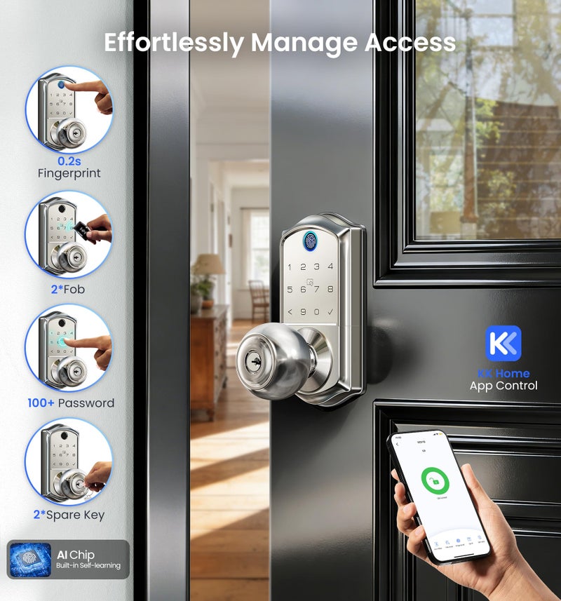 Veise VE018 Smart Knob Handle Lock - Fingerprint, App Control, Keyless Entry for Front Door and Bedroom, Electronic Digital Keypad, Auto Lock, Remote Access Sharing, IP55 Weatherproof, Satin Nickel - Image 2