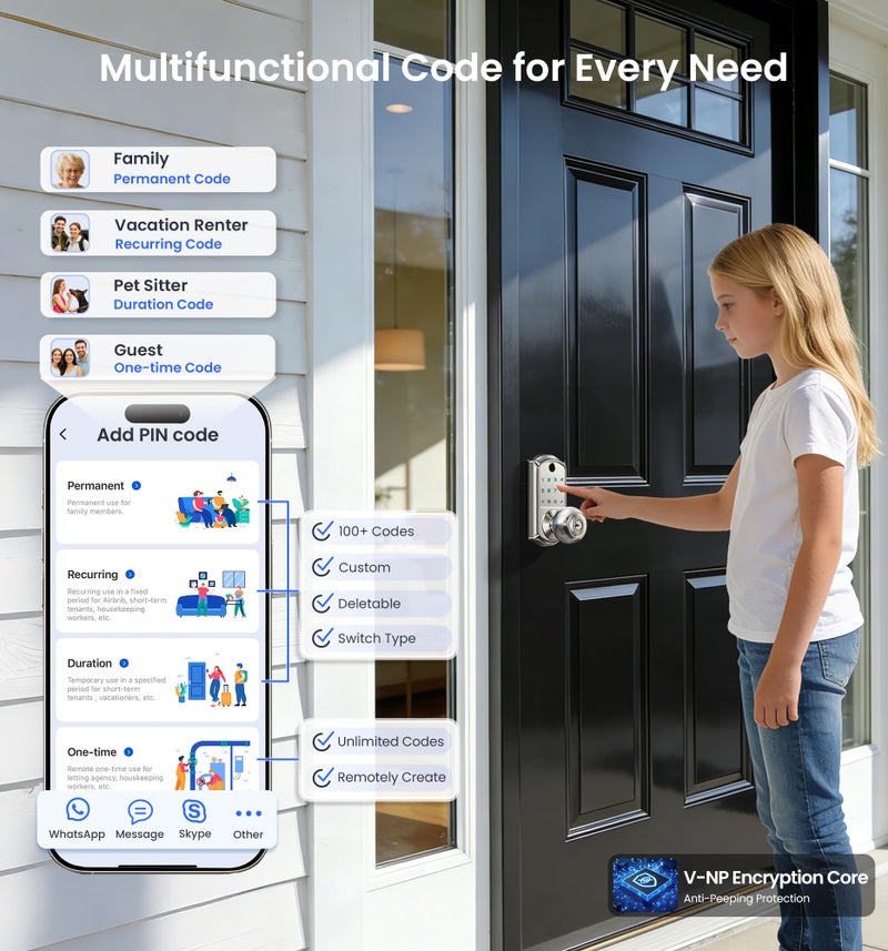 Veise VE018 Smart Knob Handle Lock - Fingerprint, App Control, Keyless Entry for Front Door and Bedroom, Electronic Digital Keypad, Auto Lock, Remote Access Sharing, IP55 Weatherproof, Satin Nickel - Image 4
