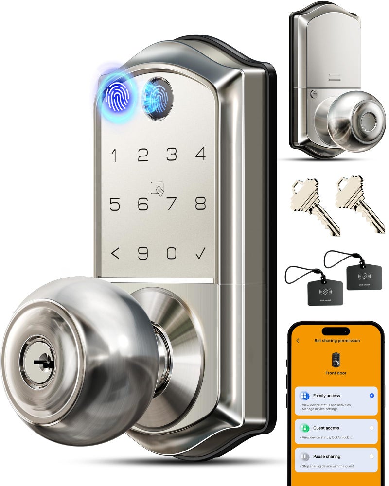 Veise VE018 Smart Knob Handle Lock - Fingerprint, App Control, Keyless Entry for Front Door and Bedroom, Electronic Digital Keypad, Auto Lock, Remote Access Sharing, IP55 Weatherproof, Satin Nickel - Image 1