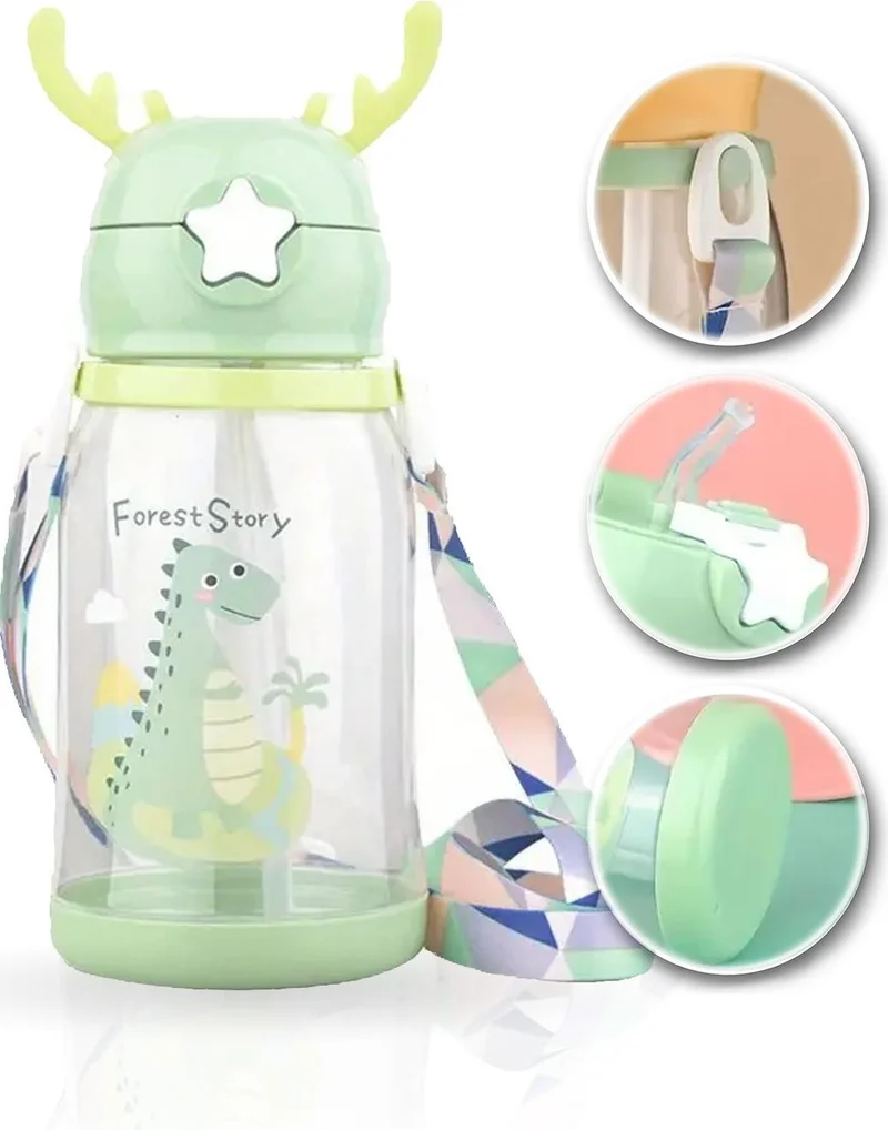 ماشو تريند Green Dinosaur Transparent Water Bottle 600ML - Kids Water Bottle, Water Bottle, Dino Water Bottle, Straw Water Bottle, Hanging Water Bottle