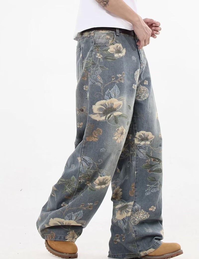 FantasyGears Y2k Baggy Jeans Men Flower Print Graphic Jeans Harajuku Wide Leg Boyfriend Denim Pants Streetwear Blue - Image 4