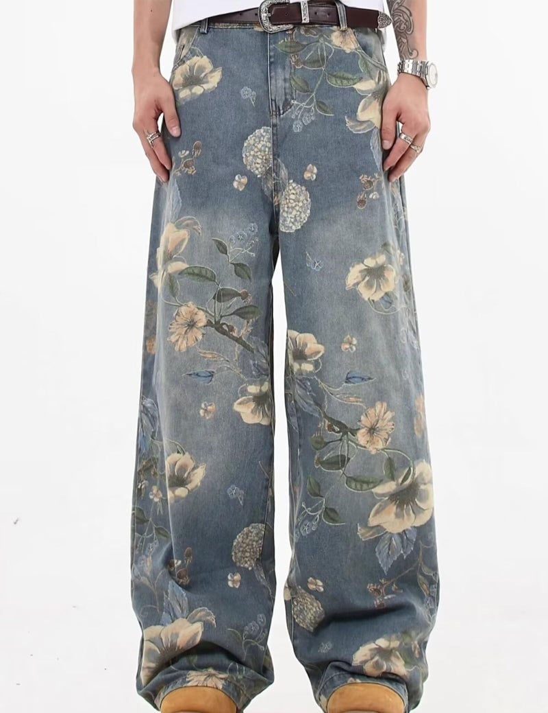 FantasyGears Y2k Baggy Jeans Men Flower Print Graphic Jeans Harajuku Wide Leg Boyfriend Denim Pants Streetwear Blue - Image 3
