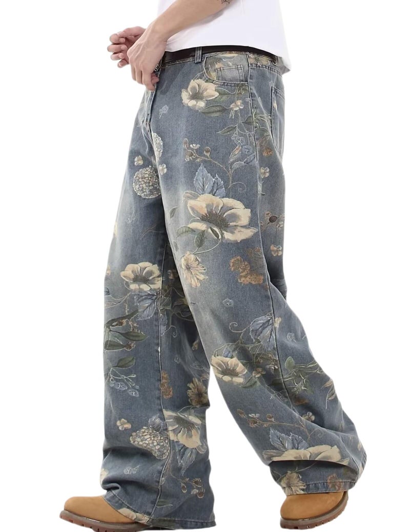 FantasyGears Y2k Baggy Jeans Men Flower Print Graphic Jeans Harajuku Wide Leg Boyfriend Denim Pants Streetwear Blue - Image 1