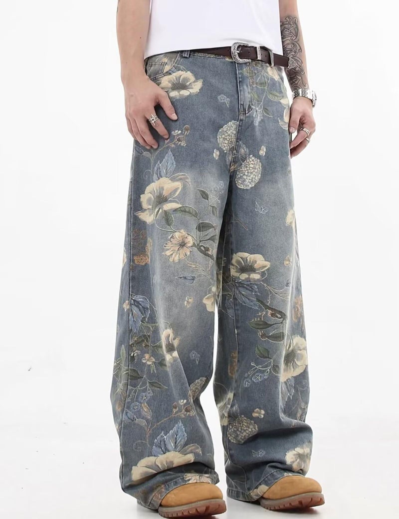 FantasyGears Y2k Baggy Jeans Men Flower Print Graphic Jeans Harajuku Wide Leg Boyfriend Denim Pants Streetwear Blue - Image 2