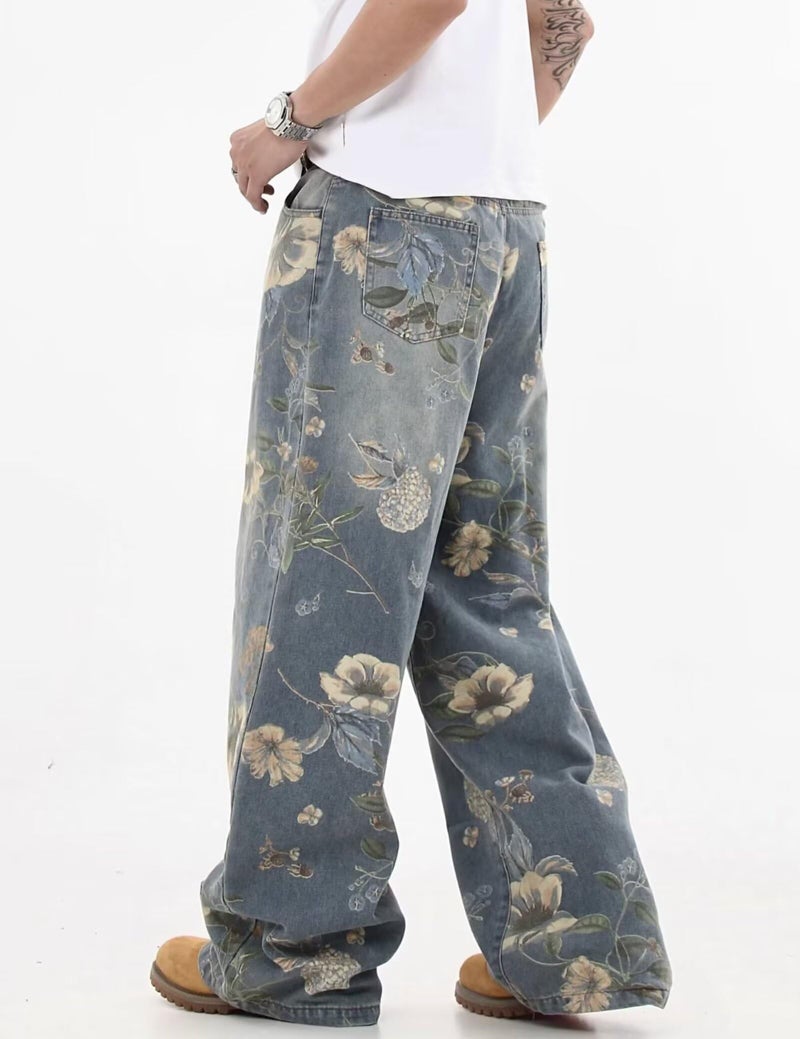 FantasyGears Y2k Baggy Jeans Men Flower Print Graphic Jeans Harajuku Wide Leg Boyfriend Denim Pants Streetwear Blue - Image 5