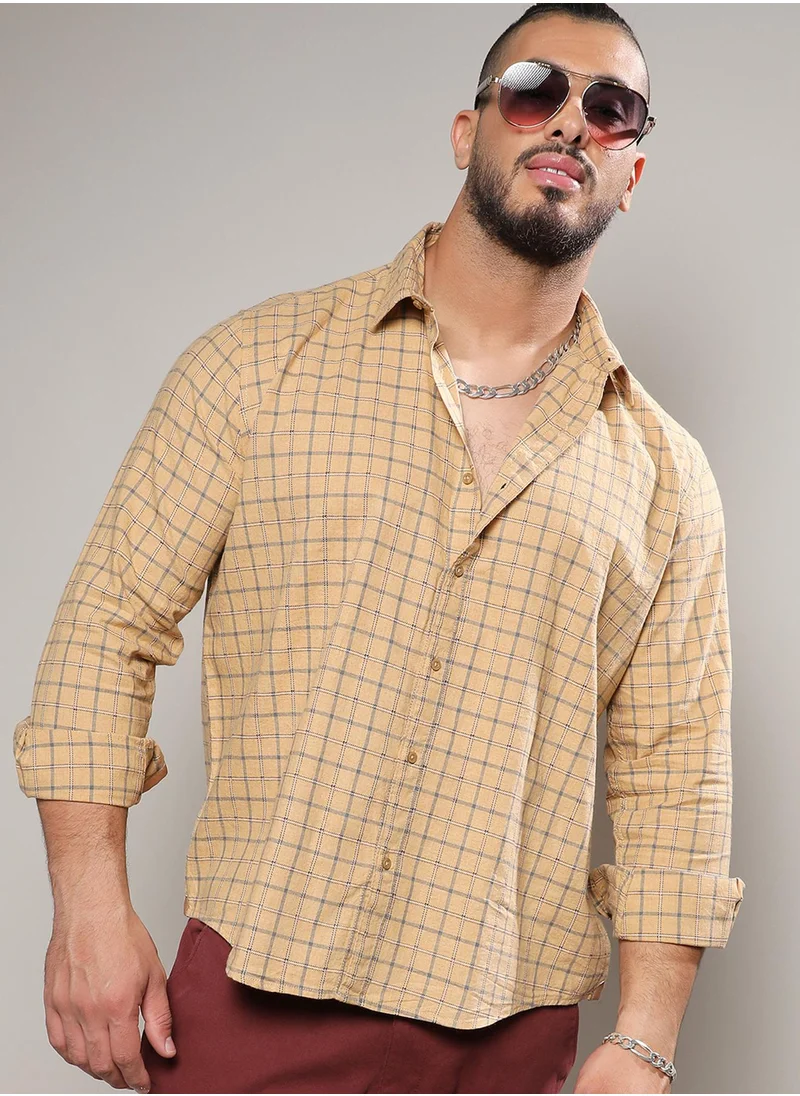 Instafab Plus Instafab Plus Men's Beige Contrast Tartan Plaid Shirt For Casual Wear | Spread Collar | Long Sleeve | Button Closure | Cotton Shirt Crafted With Comfort Fit For Everyday Wear