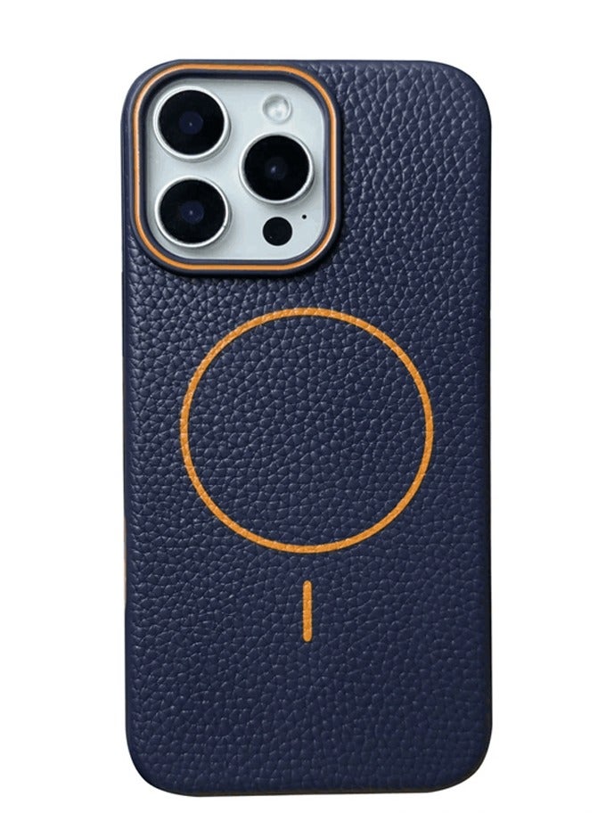 Magsafe Phone Case For iPhone 12 Pro Max With High Quality Rubber Frame And Slim Lychee Pattern Leather Case with Camera Lens Protection Shockproof Cover And support wireless Charging Leather Cover for iPhone 12 Pro Max - Blue/Orange - Image 1