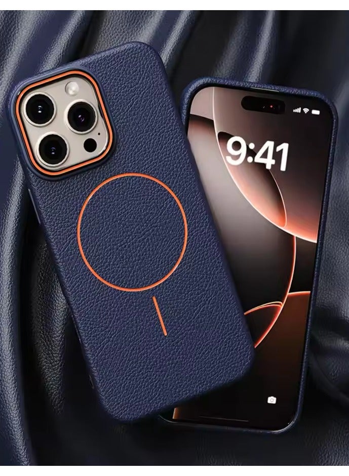 Magsafe Phone Case For iPhone 12 Pro Max With High Quality Rubber Frame And Slim Lychee Pattern Leather Case with Camera Lens Protection Shockproof Cover And support wireless Charging Leather Cover for iPhone 12 Pro Max - Blue/Orange - Image 2