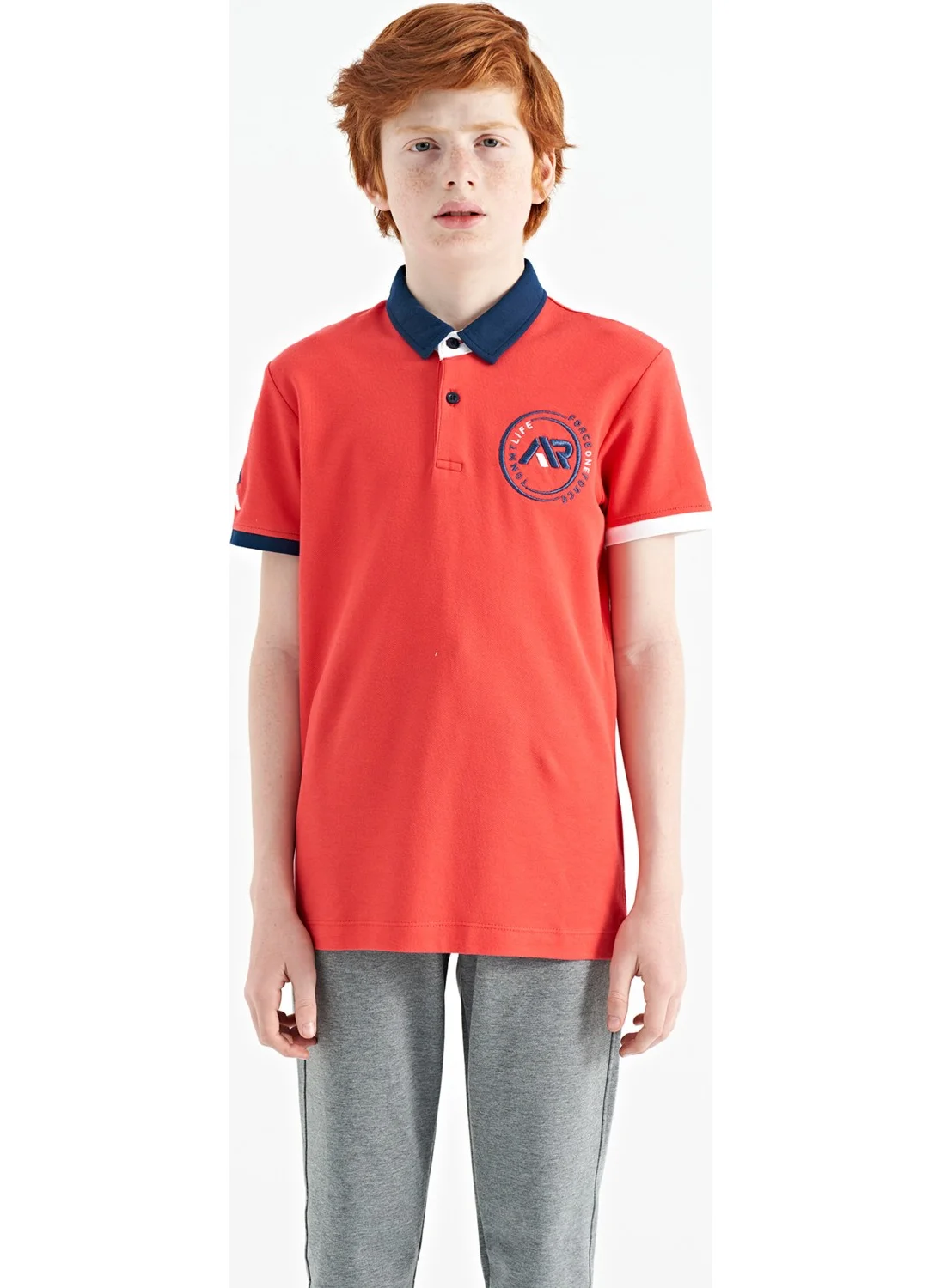 تومي لايف Coral Sleeve Colored Logo Embroidered Standard Size Polo Collar Boy's T-Shirt - 11138