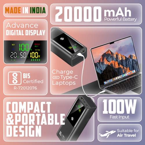 One Life Power 17 100W Fast Charging 20000mAh Power Bank | Triple Output (2 USB-C PD & 1 USB-A QC) | Digital Display | Compatible with MacBook, Type-C Laptops, iPhone, Android & More (Black) - Image 3