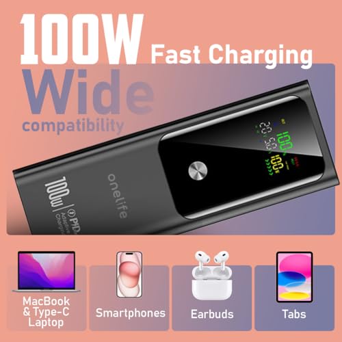 One Life Power 17 100W Fast Charging 20000mAh Power Bank | Triple Output (2 USB-C PD & 1 USB-A QC) | Digital Display | Compatible with MacBook, Type-C Laptops, iPhone, Android & More (Black) - Image 4