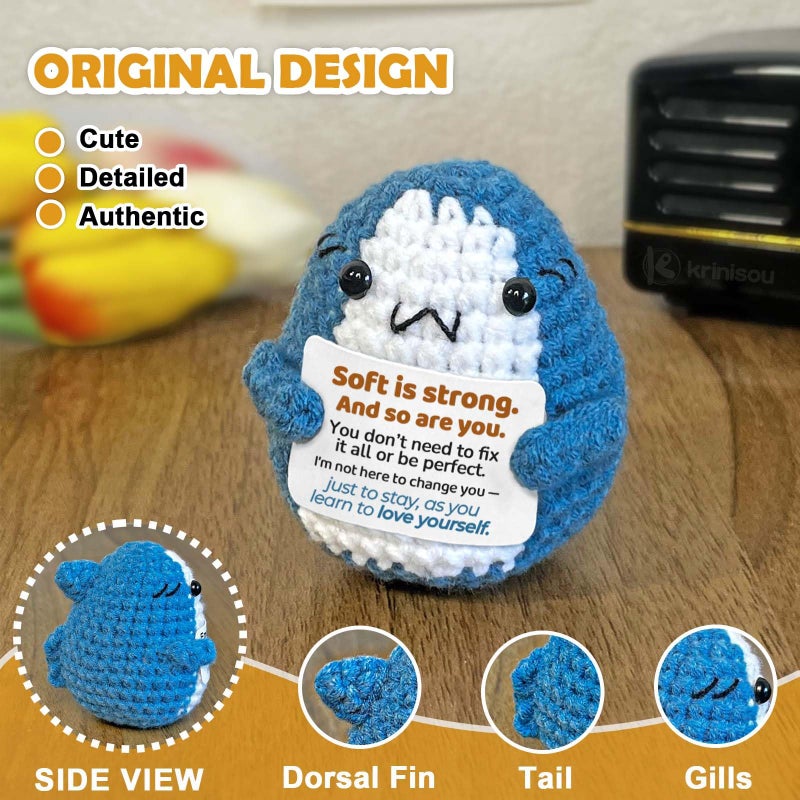 Krinisou Positive Animals Crochet Shark  Self Care Comfort Gift For Women Men  Emotional Encouragement Plush With Support Message  Self Love Mental Health Decor - Image 2