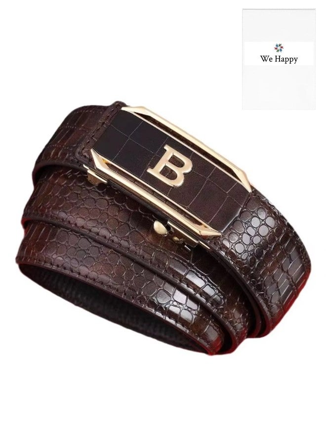 We Happy Leather Belt for Men Crocodile Pattern Dress Belt with Automatic Buckle Adjustable Fit for Formal and Casual Wear Brown  - Image 1