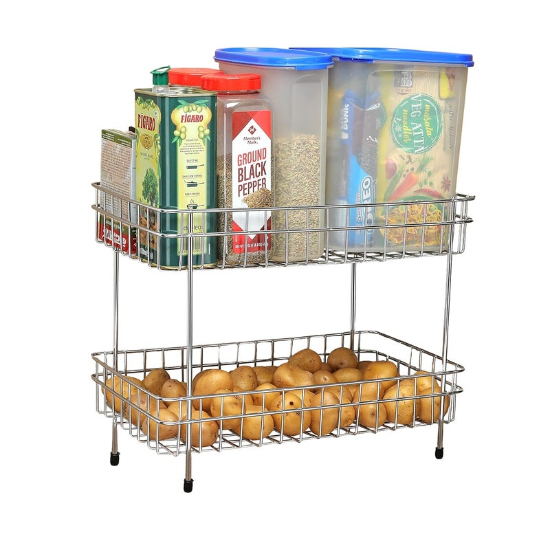 FORTUNE Stainless Steel 2Tier Trolley Basket Kitchen Organizer And Space Saver Multipurpose Fruit And Vegetable Storage Countertop Kitchen Stand Kitchen Rack For Utensils Dishes Plates Home - Image 1