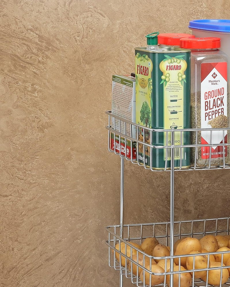 FORTUNE Stainless Steel 2Tier Trolley Basket Kitchen Organizer And Space Saver Multipurpose Fruit And Vegetable Storage Countertop Kitchen Stand Kitchen Rack For Utensils Dishes Plates Home - Image 3