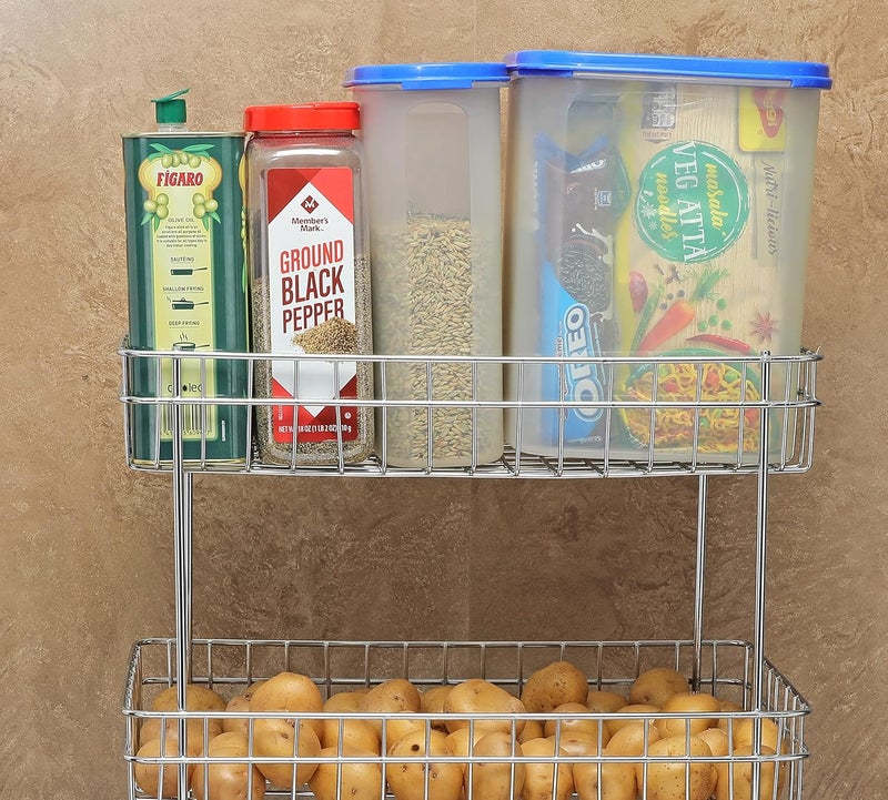 FORTUNE Stainless Steel 2Tier Trolley Basket Kitchen Organizer And Space Saver Multipurpose Fruit And Vegetable Storage Countertop Kitchen Stand Kitchen Rack For Utensils Dishes Plates Home - Image 4