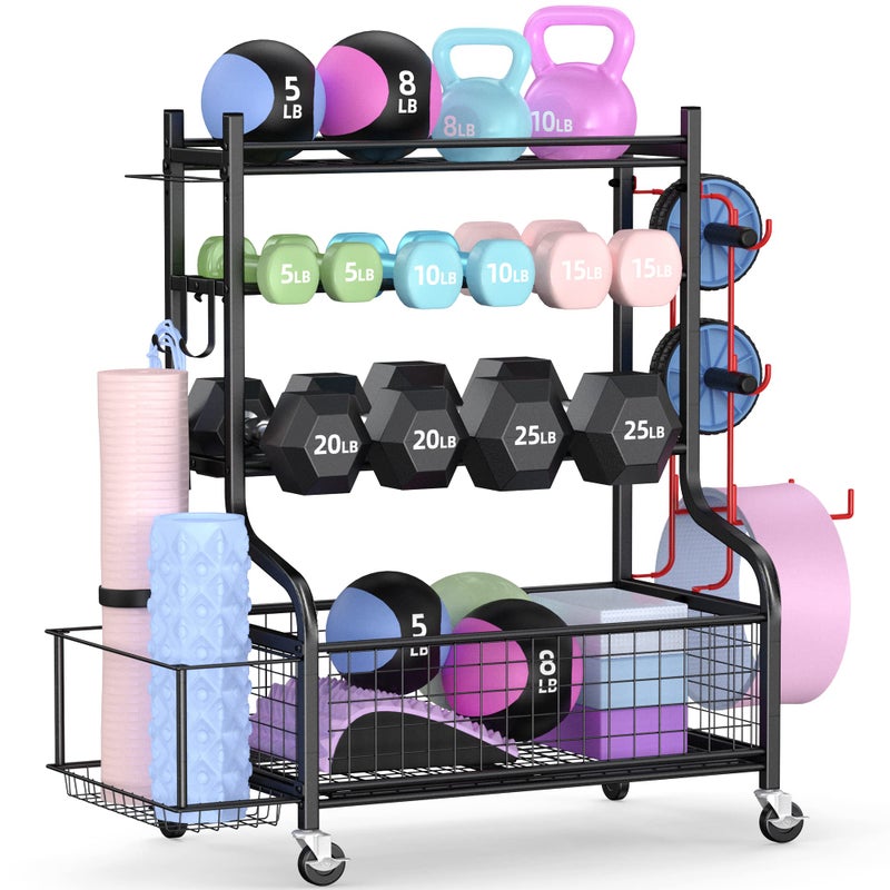 PLKOW Dumbbell Weight Rack, Home Gym Storage for Kettlebells Yoga Mat and Balls, All in One Workout Storage with Wheels and Hooks, Powder Coated Finish Steel - Image 1