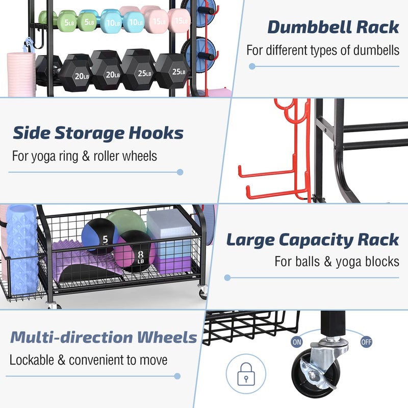 PLKOW Dumbbell Weight Rack, Home Gym Storage for Kettlebells Yoga Mat and Balls, All in One Workout Storage with Wheels and Hooks, Powder Coated Finish Steel - Image 5