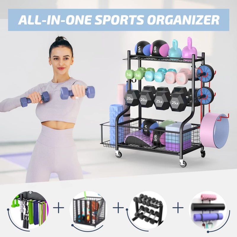 PLKOW Dumbbell Weight Rack, Home Gym Storage for Kettlebells Yoga Mat and Balls, All in One Workout Storage with Wheels and Hooks, Powder Coated Finish Steel - Image 2
