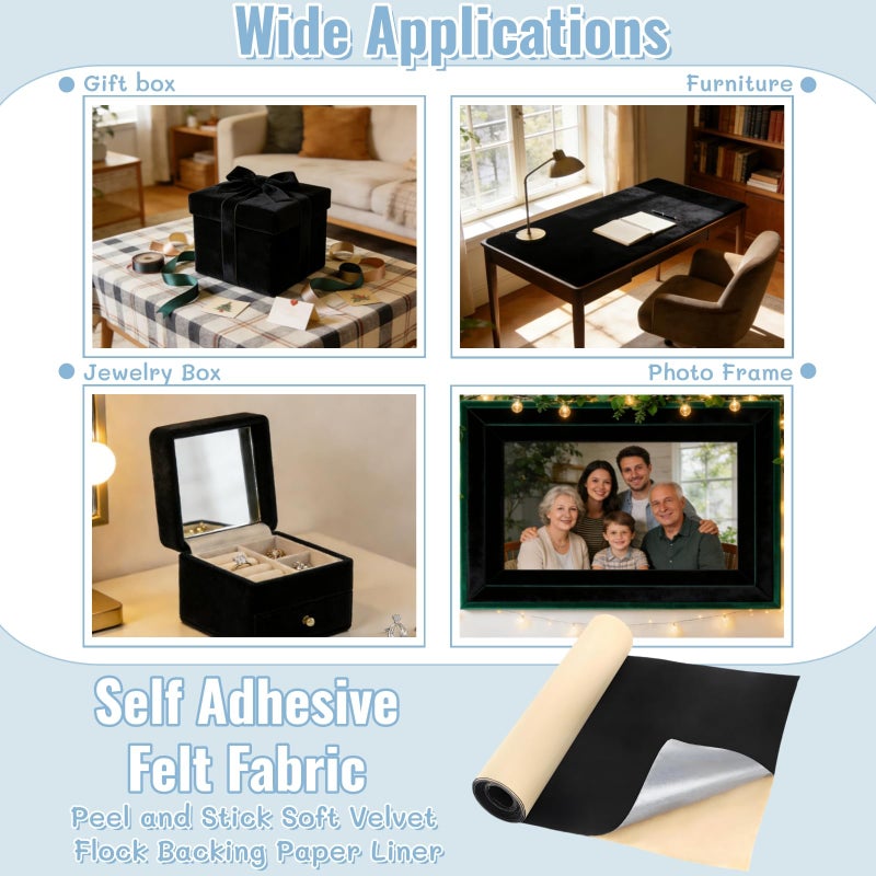 Acshio Self Adhesive Felt Fabric, 130''L x 17''W Soft Black Velvet Drawer Liner Roll, DIY Velvet Fabric Peel and Stick Felt Arts Crafts Tape for Jewelry Box, Cup Mats, Picture Frames, Chair Legs - Image 4