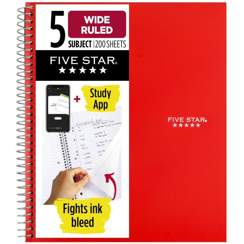 Five Star Spiral Notebook + Study App, 5 Subject, Wide Ruled Paper, 8" x 10-1/2", 200 Sheets, Fights Ink Bleed, Water Resistant Cover, Fire Red (72041) - Image 1